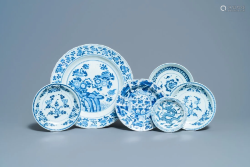 Six Chinese blue and white dishes and plates, Kangxi