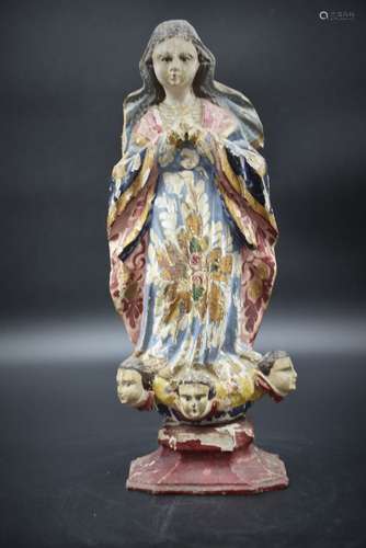 Vierge en prière, bois sculpté et polychromé XVIII ème siècl...