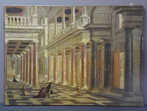 Huile sur toile XVIII ème. Scène animée dans un palais aux m...