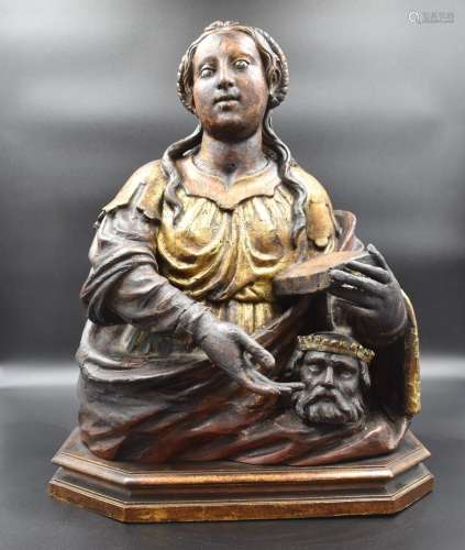 Sculpture d'une sainte au buste de roi. Bois sculpté et poly...