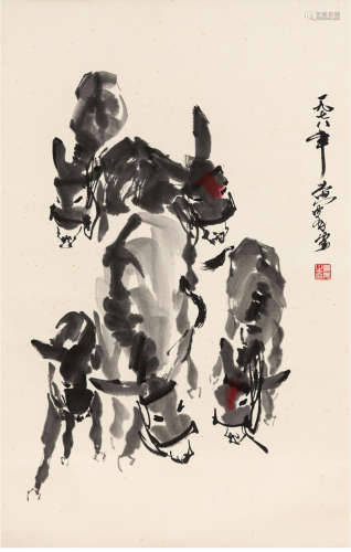 A chinese five donkey painting scroll, huang zhou