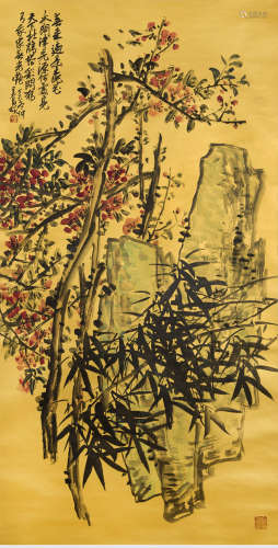 A chinese plum blossom, pine and bamboo painting scroll, wu ...