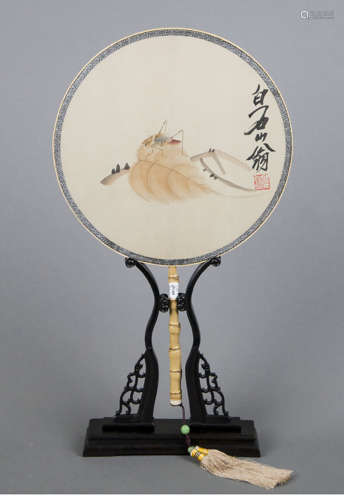 Chinese bugs and grass, round fan painting  on silk, qi bais...