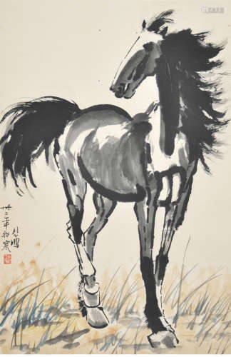 A chinese horse painting paper scroll, xu beihong