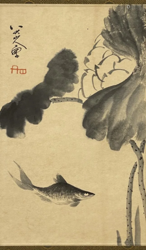 AN INK PAINTING OF LOTUS & FISH, BADA SHANREN
