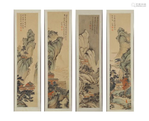 A FOUR-PANEL PAINTING OF LANDSCAPE, PU RU