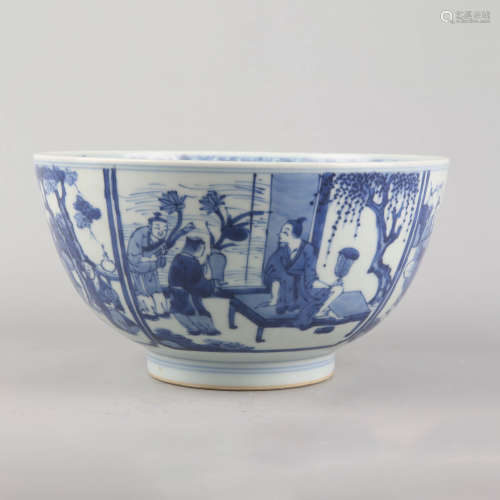 A blue and white scholars figural bowl
