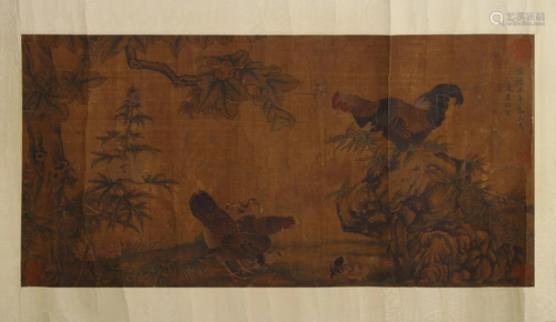 A HORIZONTAL PAINTING OF ROOSTERS, BIAN JINGZHAO