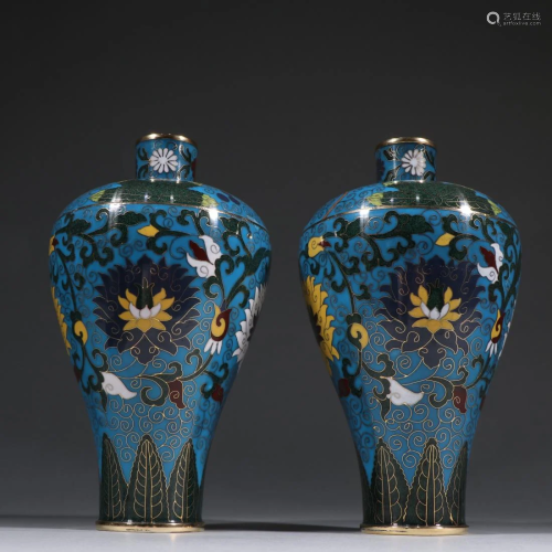 A PAIR OF CLOISONNE ENAMELED MEIPING VASES