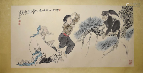 HORIZONTAL PAINTING OF FIGURES & MONKEY, FAN ZENG