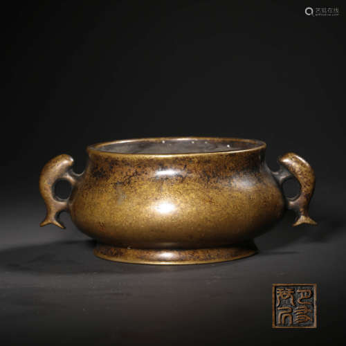 A Double Fish Ears Bronze Incense Burner