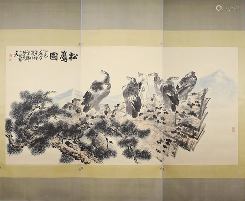 A THREE-PANEL PAINTING OF EAGLES, LI KUCHAN