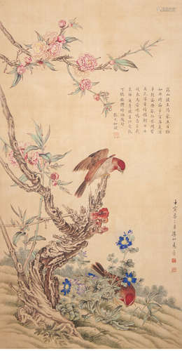 A chinese flowers and birds painting silk scroll, ma jin