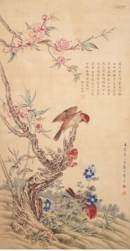 A chinese flowers and birds painting silk scroll, ma jin