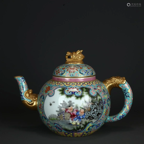 AN ENAMELED OPEN FACE TEAPOT WITH A DRAGON NOB