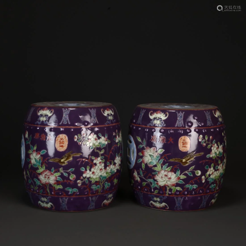 A PAIR OF PURPLE GROUND FAMILLE ROSE DRUM STOOLS