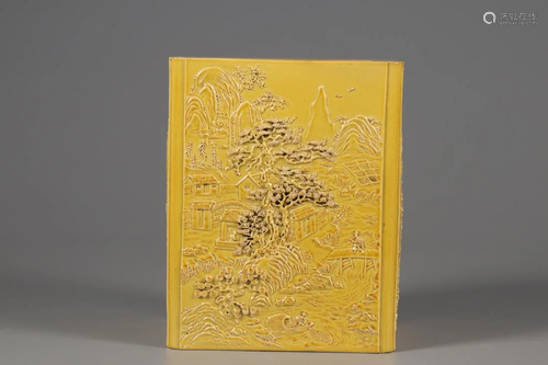 A JAUNE GLAZED LANDSCAPE RELIEFS SQUARE BRUSH POT