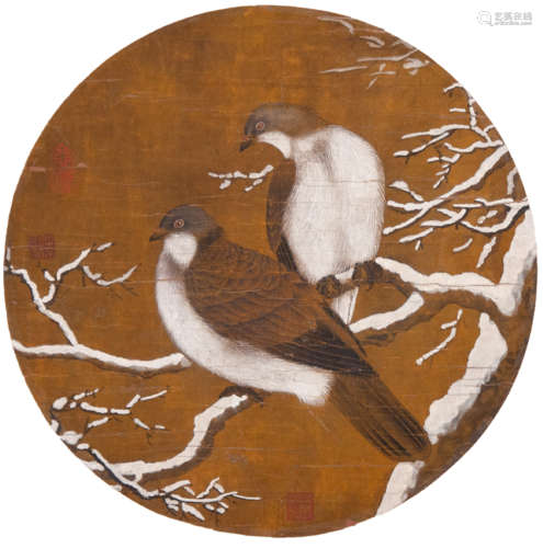 Twin birds painting  on silk, unknown painter