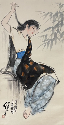 CHINESE PAINTING OF A LADY HOLDING COMB, LIU JIYOU