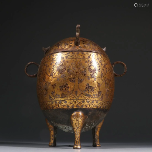 GOLD AND SILVER INLAID TRIPOT BRONZE JAR & LID
