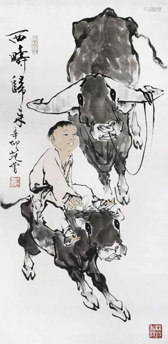 A CHINESE PAINTING OF BULL RIDING, FAN ZENG