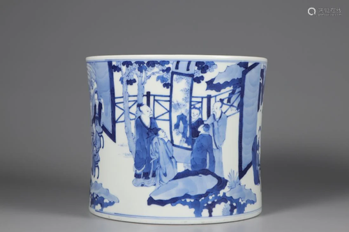 A BLUE AND WHITE 'FIGURES & NARRATIVES' BRUSH POT