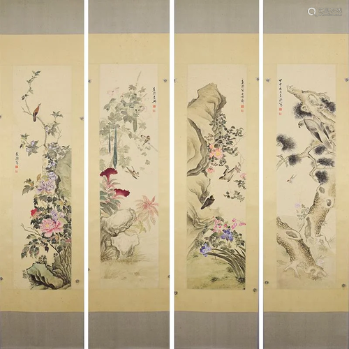 A FOUR-PANEL PAINTING OF FLOWERS, HE XIANGNING