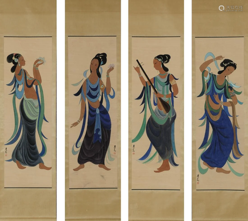 FOUR-PANEL PAINTING OF DANCING GIRL, LIN FENGMIAN