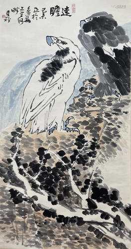 PAINTING OF TWO PERCHED EAGLES ON ROCK, LI KUCHAN