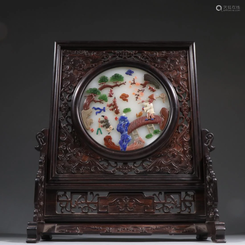 GEMSTONE & WHITE JADE INLAID ROSEWOOD TABLE SCREEN