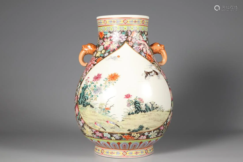 A FAMILLE ROSE OPEN FACE ZUN VASE WITH DOUBLE-EAR