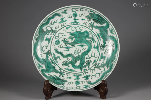 A GREEN GLAZED DRAGON PORCELAIN PLATE