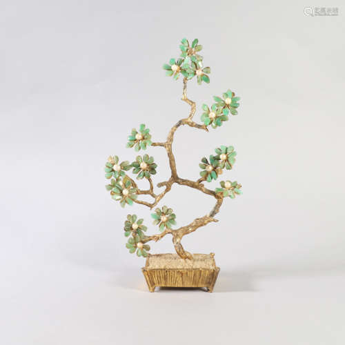 A jadeite and pearl inlaid gilding bronze bonsai