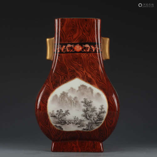 A faux-bois glaze and grisaille landscape square vase