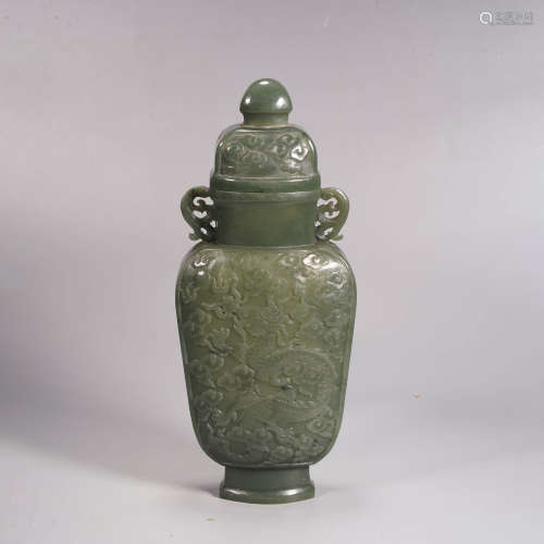 A hetian spinach-green jade double-eared vase