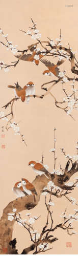 A chinese sparrow and plum blossom painting silk scroll, che...