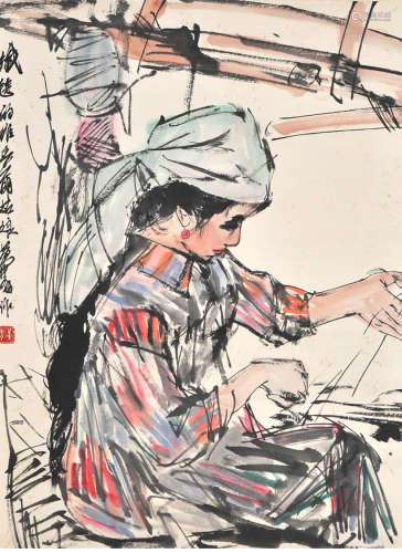 A chinese figrue painting paper scroll, huang zhou