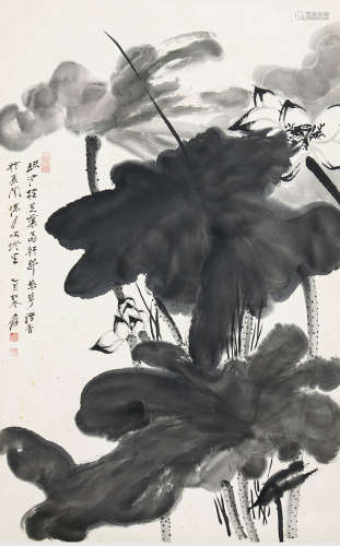 a chinese lotus group painting  paper scroll, zhang daqian