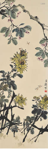A chinese bugs and grass painting paper scroll, wang xuetao