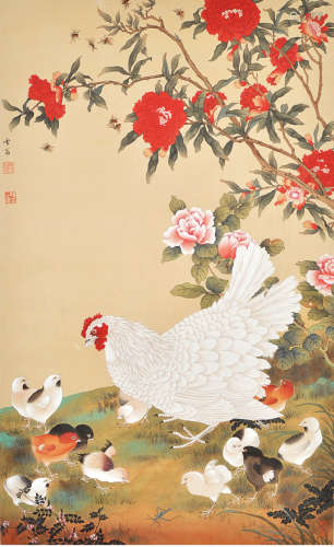 A chinese chicken painting silk scroll, chen zhifo