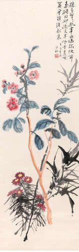 A chinese flower painting paper scroll, huang binhong