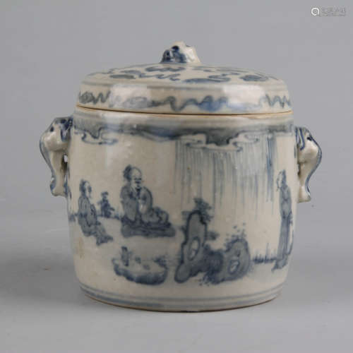 A pale blue and white scholars cylindrical jar and cover