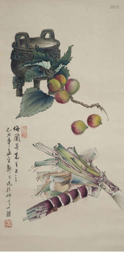 A chinese fruits painting paper scroll, zheng naiguang