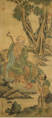 A chinese arhat painting silk scroll, ding guanpeng