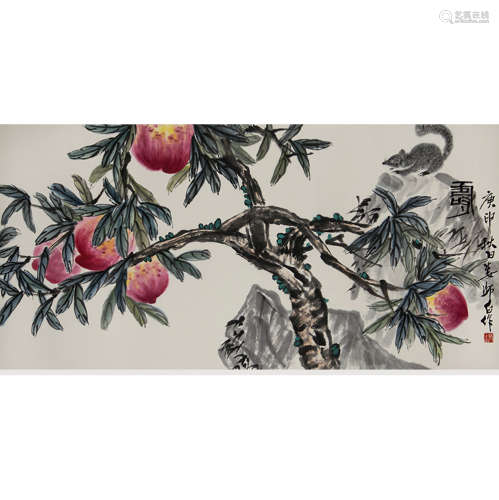 A chinese peaches painting scroll, lou shibai