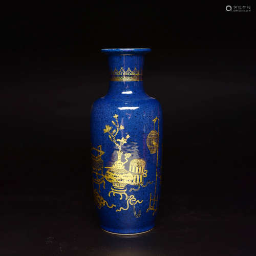 A gilt blue-splashed bo ku rouleau vase