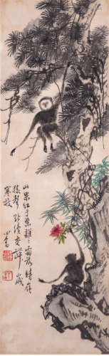 A chinese two apes painting silk scroll, pu ru