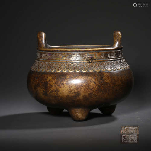 A Floral Carved Double Ears Bronze Tripod Incense Burner