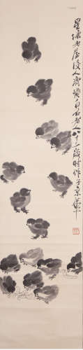 a chinese chicken group painting  paper scroll, qi baishi