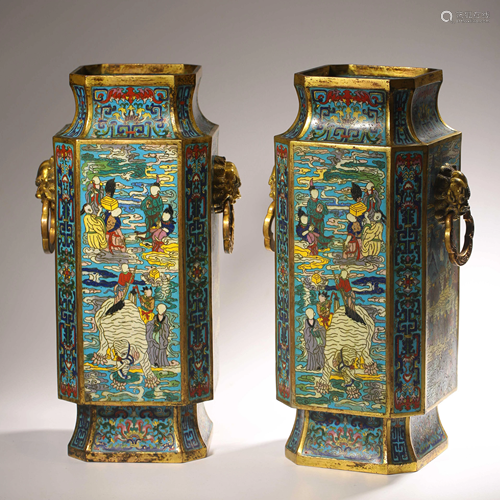 PAIR CLOISONNE ENAMEL & GILT BRONZE SQUARE VASES,